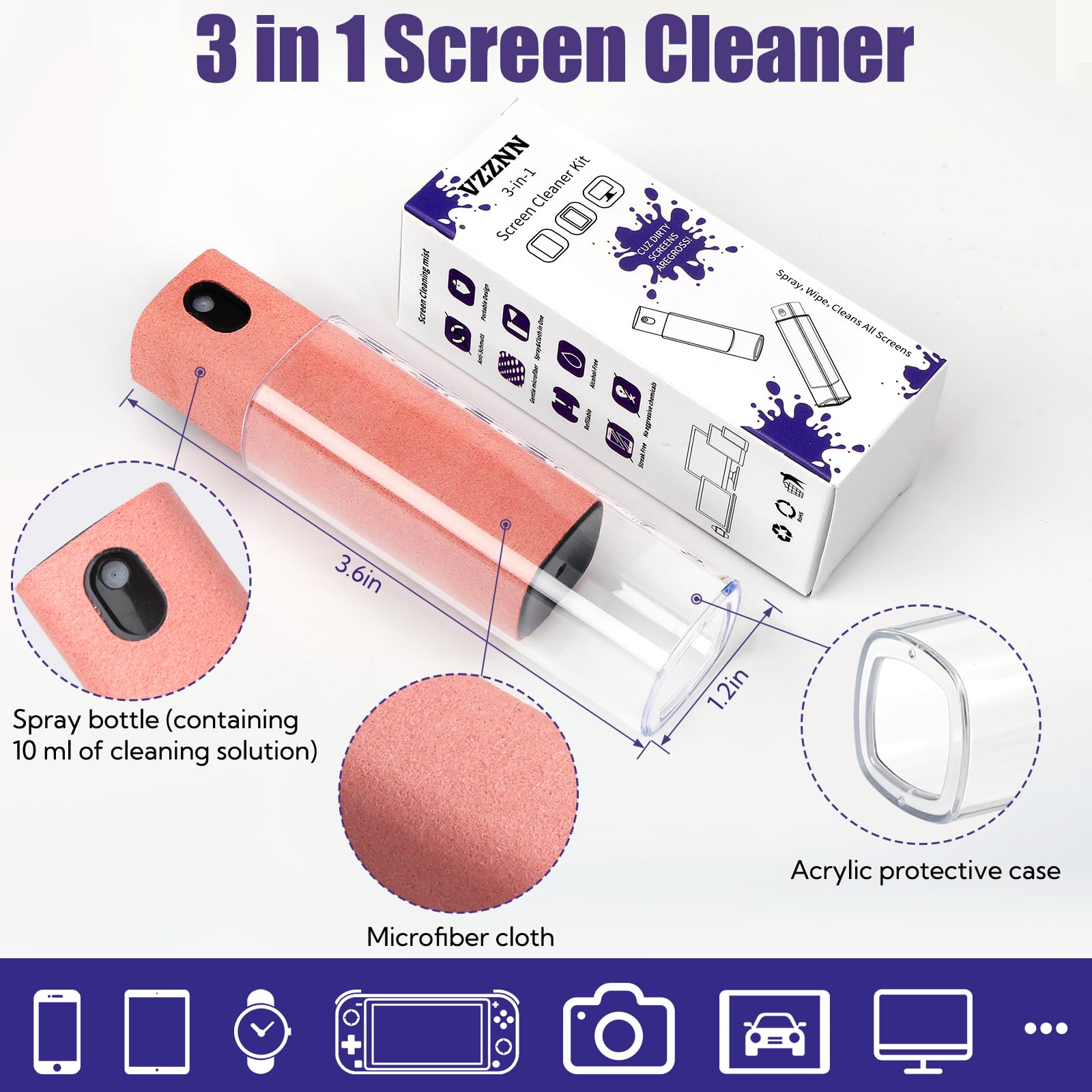 Confezione da 50 pulitori per schermo 3 in 1, spray e salviettina, soluzione di pulizia integrata, per tutti gli schermi di auto, telefono, laptop, iPad, TV, monitor, rosa