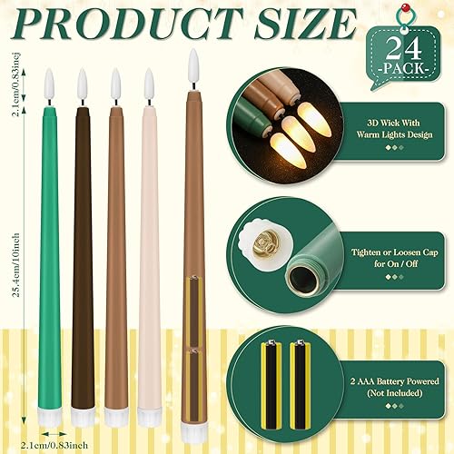 Miniatura 2 de Baquler 24 velas cónicas de Navidad sin llama de 11 pulgadas, funciona con pilas, velas LED de plástico parpadeante verde y marrón para Navidad,