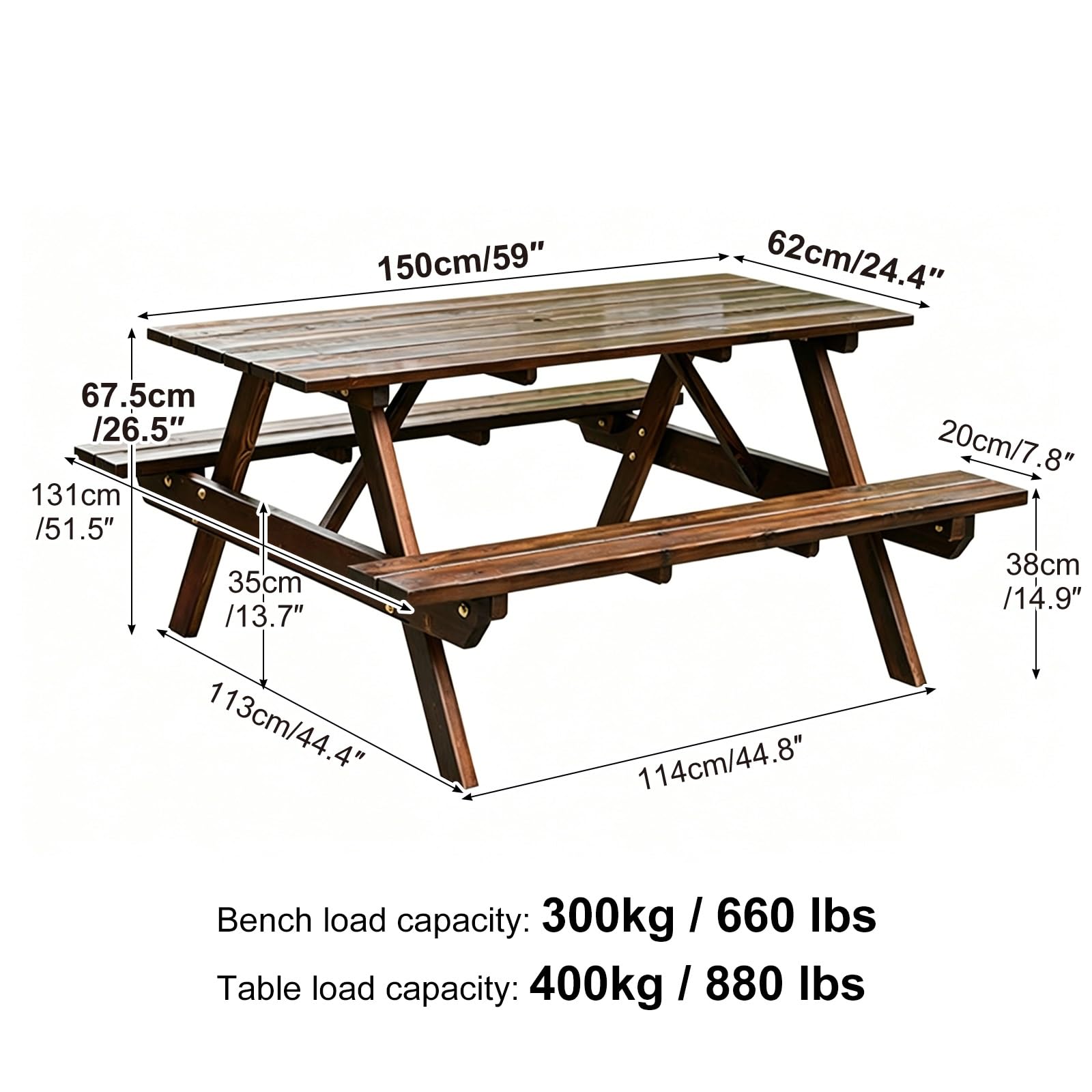 Tavolo da picnic in legno per 4-6 persone con panche integrate, set in legno massello carbonizzato, tavolo da giardino resistente agli agenti atmosferici, giardino e prato