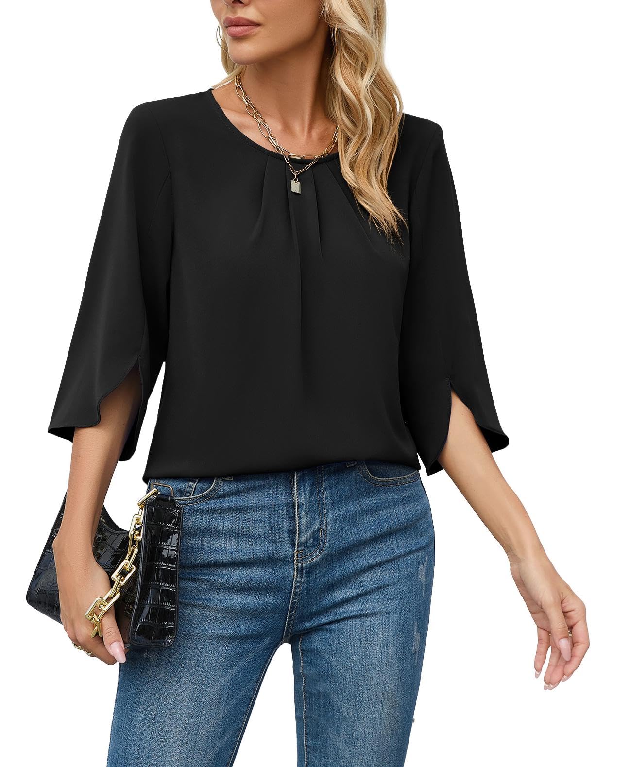TASAMO Women Casual 3/4 Sleeve Scoop Neck Chiffon Blouse Spring Tops Office Wear