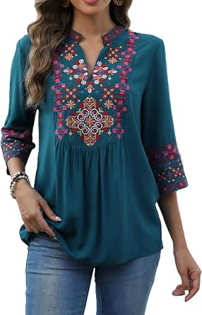 LauraKlein Mexican Embroidered Tops for Women Summer Boho Chic 3/4 Sleeve Shirts Peasant Blouses Hippie Bohemian Clothing