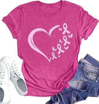Breast Cancer Shirt for Women Pink Ribbon T-Shirts Graphics Support Cancer Shirts Rainbow Casual Tee Tops