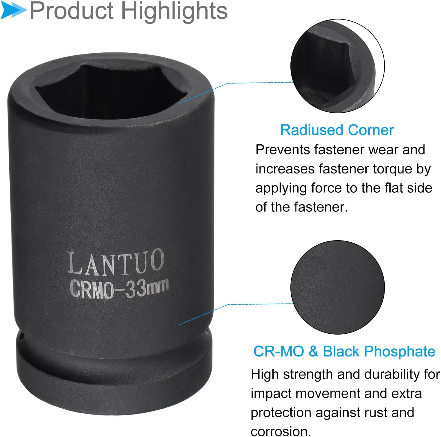6-Point Impact Socket, 1" Drive 33mm Socket, CR-MO Radiused Corner Design Standard Metric Socket - (Applications: for DIY, Automobile Repairs, Manufacturing)