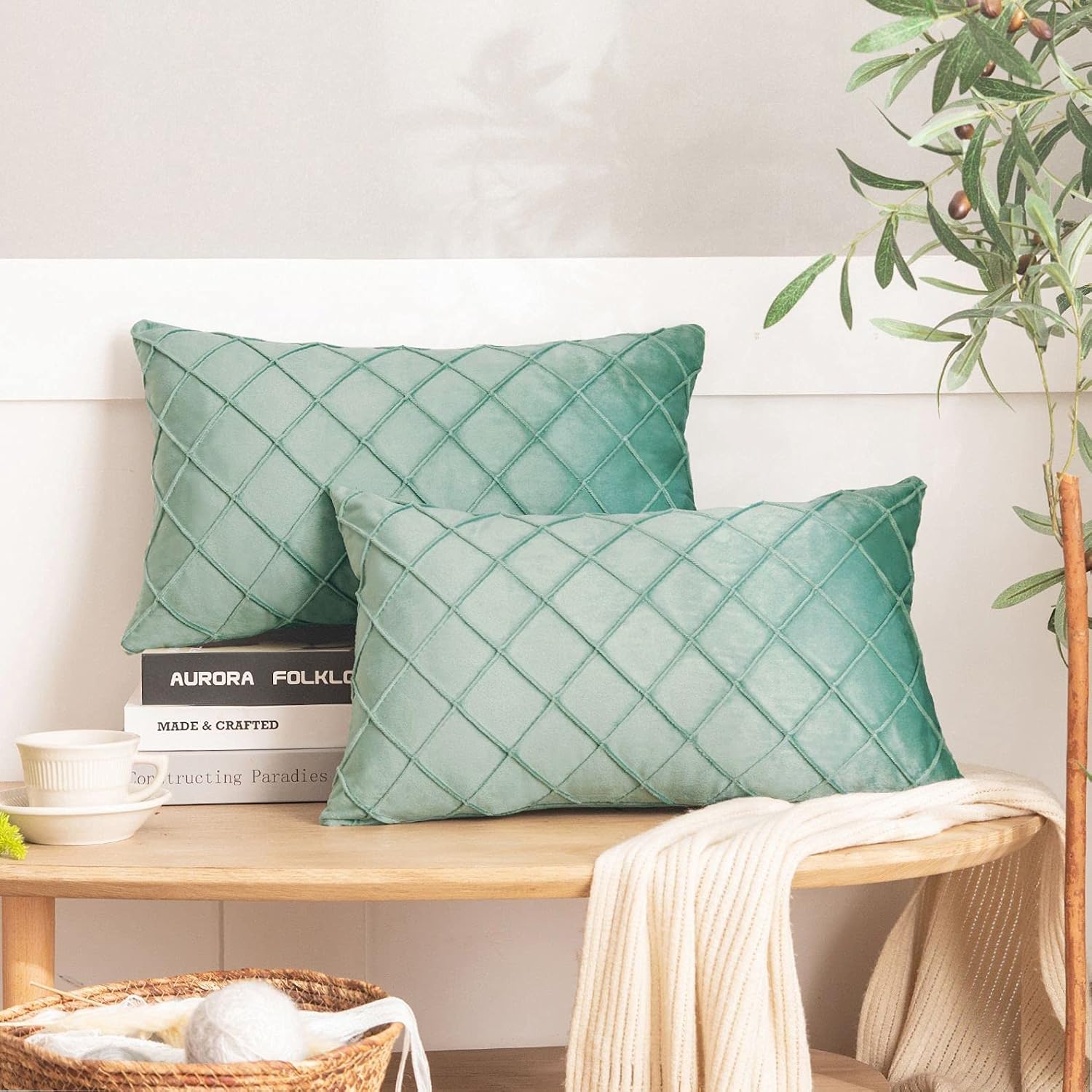 NEERYO Velvet Patina Green Throw Pillow Covers Sofa Decorative Throw Pillows 12x20 for Couch Bedroom Car Living Room Outdoors Set of 2 Lumbar Soft Solid Plaid Cushion Covers