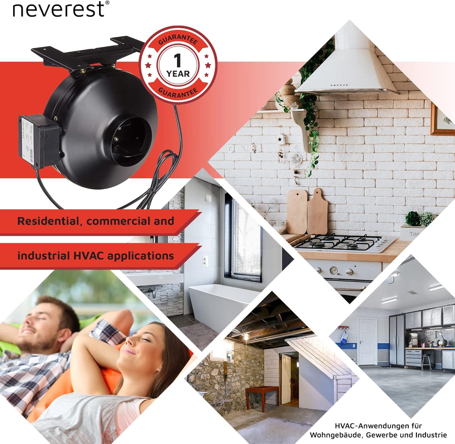 neverest® RV-B 100 mm Ventilatore Centrifugo in Linea Aspiratore Professionale Condotto Riscaldamento Raffreddamento 210 CFM, 300 pa, 2400 rpm, 42 dB (A) 70 W 0.65 A Min/Max.
