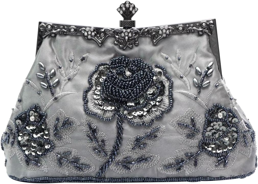 CORIOS Vintage 1920s Beaded Evening Bag Pearl Clutch Bag for Women Sequin Handbag Bridal Wedding Purse Floral Shoulder Bag
