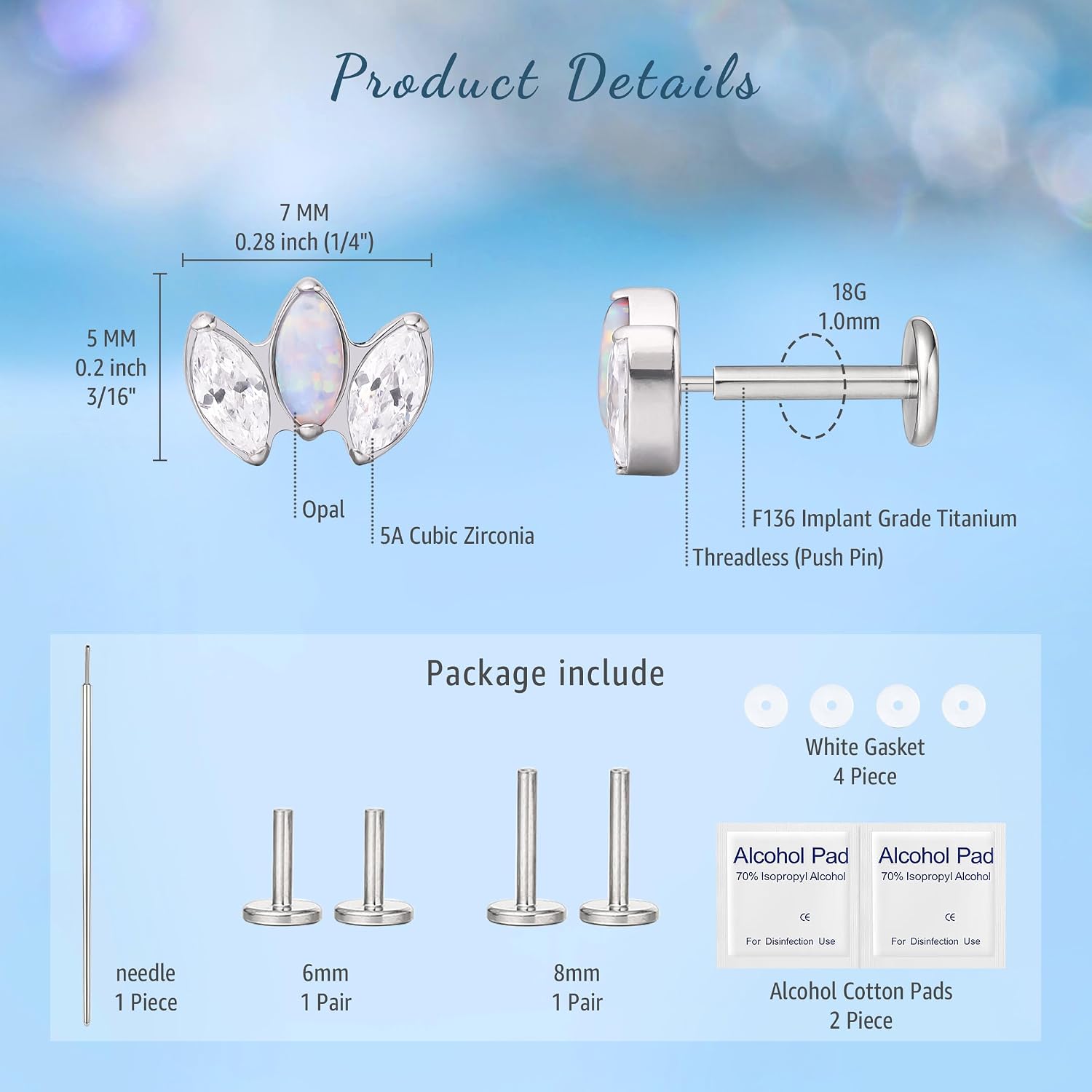 Limerencia G23 Hypoallergenic 18g Flat Back Stud Earrings | F136 Implant Grade Titanium Press Fit Threadless Push Pop in Cartilage Helix Labret Lip Monroe Tragus Piercing Studs