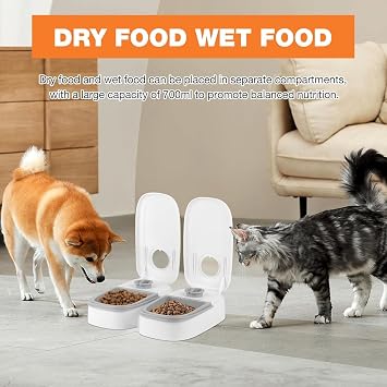 Automatic Cat Feeder, 2 Meals 700 ml Dry and Wet Food Dispenser, Automatic Feeder for Dogs and Cats with 48 Hour Timer for Cats and Small Dogs - Grey