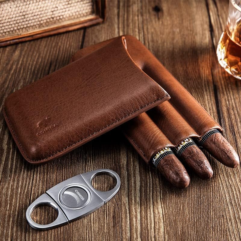 Brown PU Leather 3 Ct Cigar Case w/Stainless Steel Cutter for Large Cigar image 4