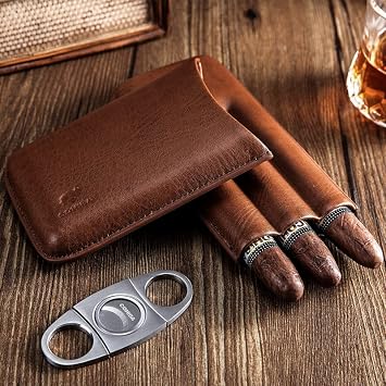 Brown PU Leather 3 Ct Cigar Case w/Stainless Steel Cutter for Large Cigar