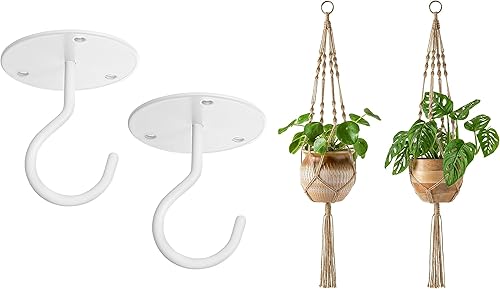 Mkono Paquete de 2 perchas de macramé para plantas y ganchos de techo, cesta decorativa para macetas, cuerda de yute para decoración del hogar en