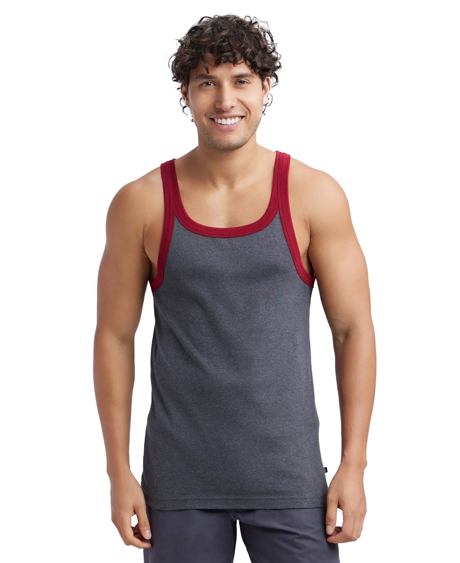 jockey US27 Men's Super Combed Cotton Rib Square Neck Gym Vest (Shoulder Strap Color May Vary)_Charcoal & Red Pepper_S-picture-21