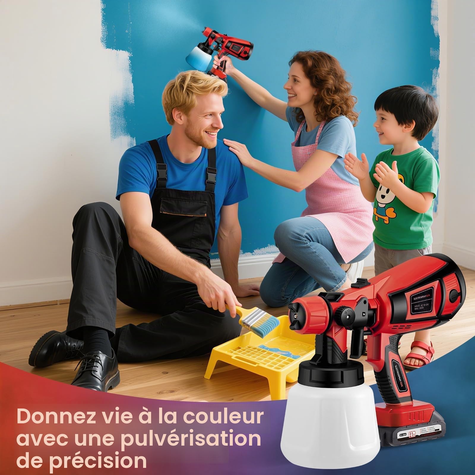Pistolet à Peinture sans Fil, 21V 18000tr/min, 5 Buses et 3 Modes de Pulvérisation, Electrique avec 2x3000 mAh et Chargeur pour Clôtures, Murs
