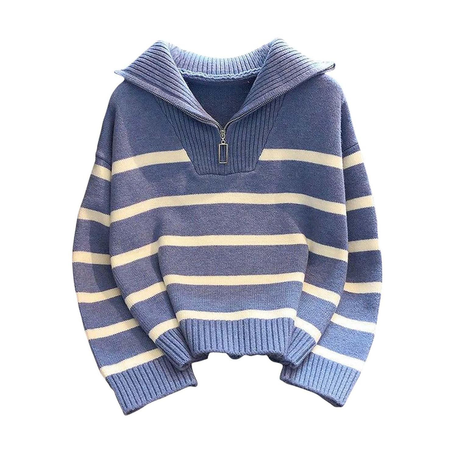 Women Striped Sweaters Quarter Zipper Knit Pullover Tops Casual Long Sleeve Fashion Color Block Sweaters Clothes