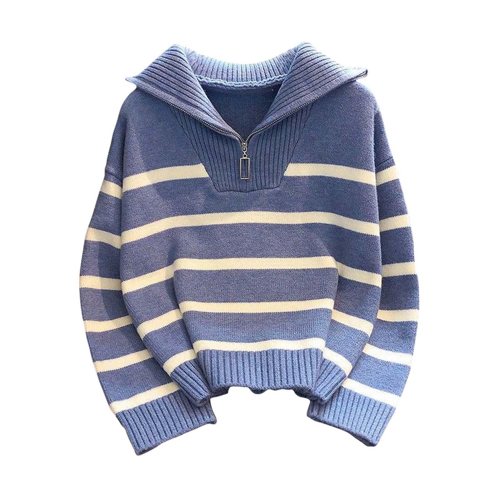 Women Striped Sweaters Quarter Zipper Knit Pullover Tops Casual Long Sleeve Fashion Color Block Sweaters Clothes