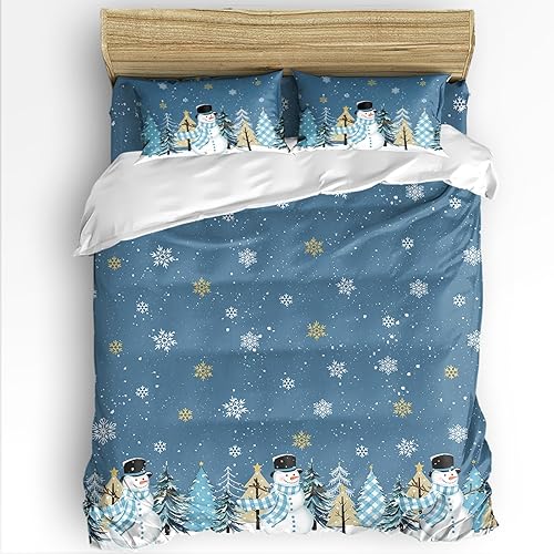 Christmas Snowman 4 Piece Duvet Cover Set Queen Size, Soft Bedding Comforter Quilt Cover with 2 Pillowcases and Flat Sheet - Hidden Zipper & Corner