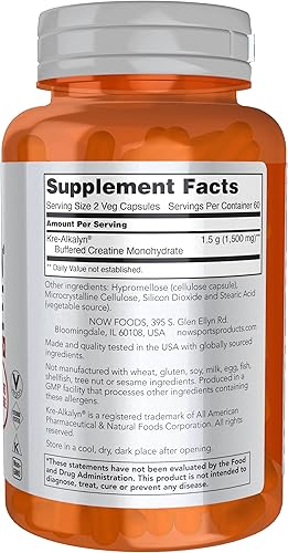 Miniatura 2 de NOW Sports Nutrition Kre-Alkalyn Creatina 750 mg construcción masivaproducción de energía 120 cápsulas vegetales