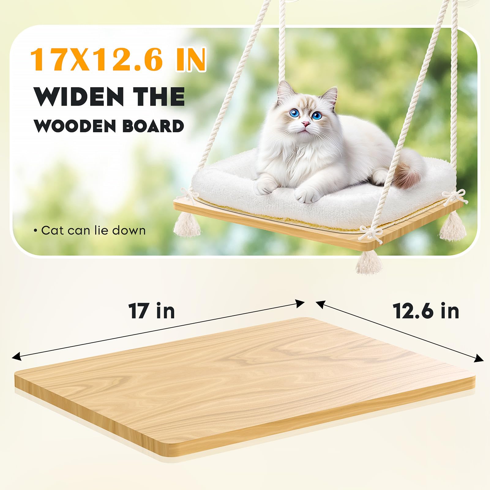 Hamaca para ventana de gato, asiento de ventana para gato con funda de cama, asiento de madera maciza con ventosas fuertes, cama colgante para gatos pequeños y medianos de interior