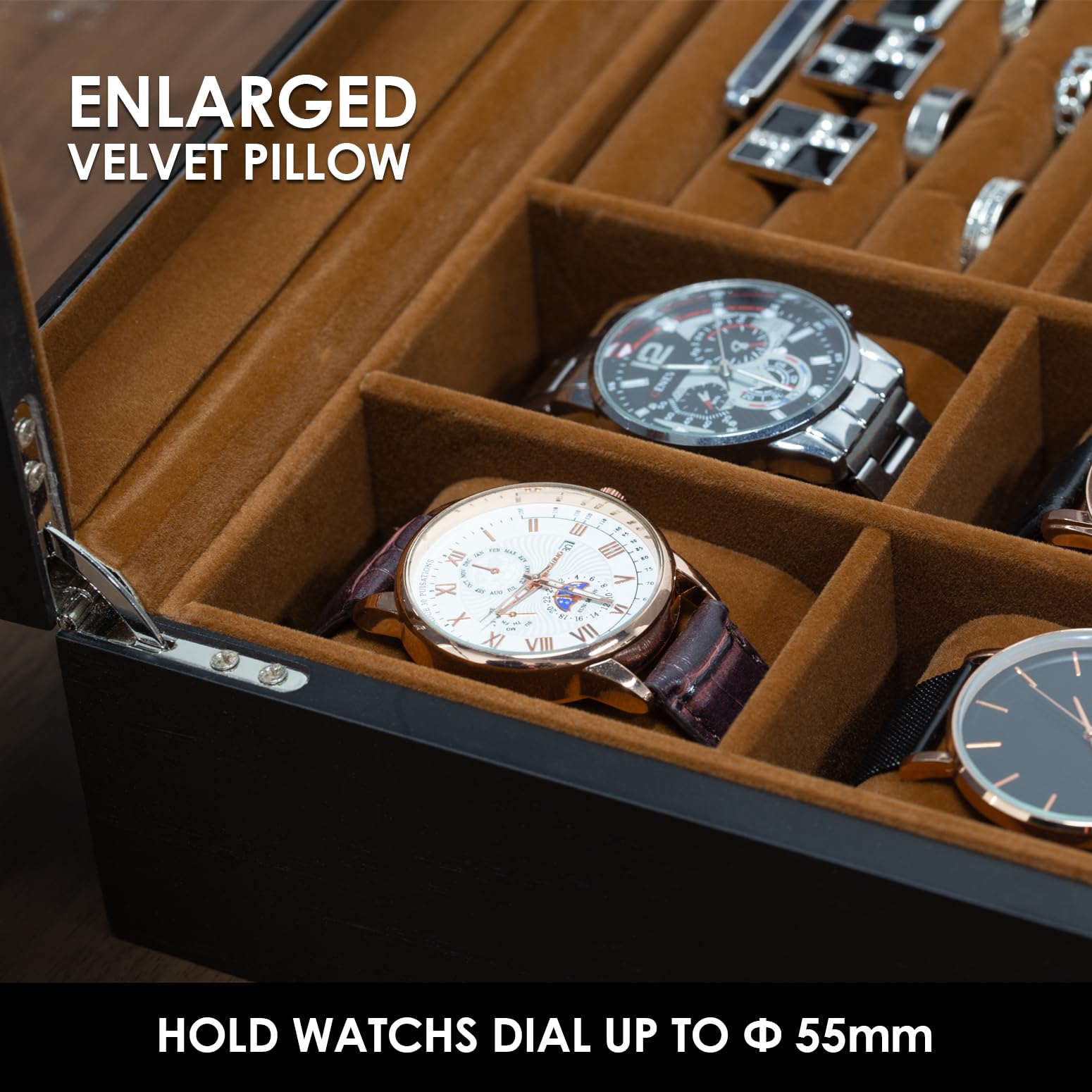 Slege Uhrenbox aus Holz,6 Fächer,Uhrenkasten Glasdeckel,Sonnenbrillenbox,Uhrenetui für Herren,Uhrenaufbewahrungsbox und Schmuckkästchen,Uhrenbox Organizer für Männer und Frauen,für Ringe,Ohrringe