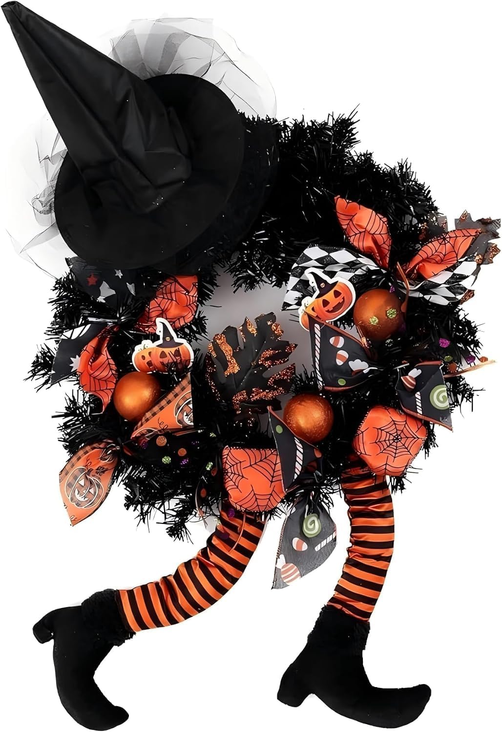 FLASH WORLD 18 inch Witch Halloween Wreath, for Front Door Decoration with Skeleton Artificial Bone Orange Ornaments Maple Leaf for Party DecorHat Legs Pumpkin Door Artificial Handmade (Orange 1)