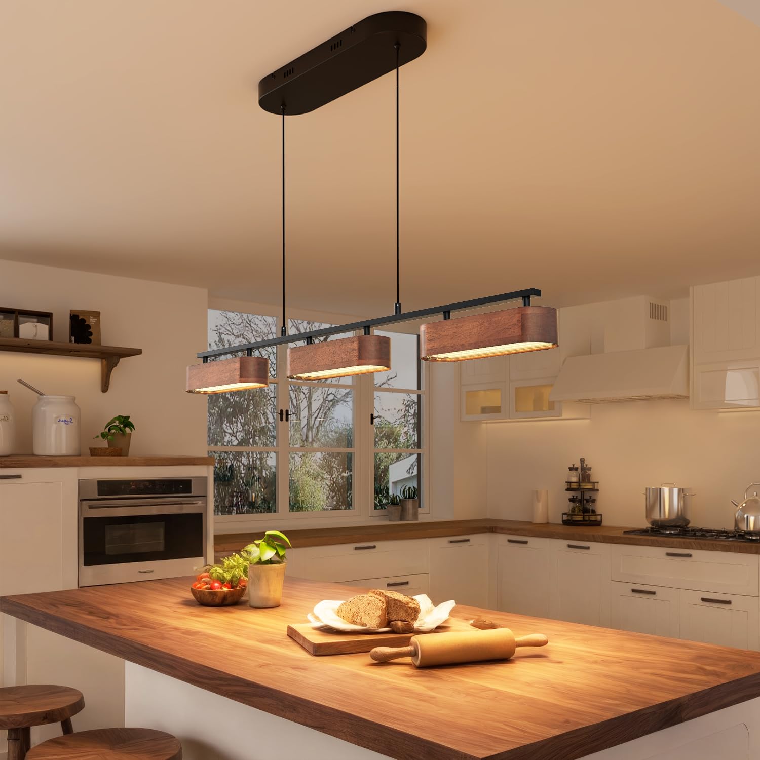 Photo 1 of Glimchase 37.6" Kitchen Island Lights, 28W Wood Dining Room Light Fixtures Over Table, Dimmable Linear Pendant Lights for Kitchen Island, 3-Light Rustic Hanging Farmhouse Chandeliers, Walnut Color