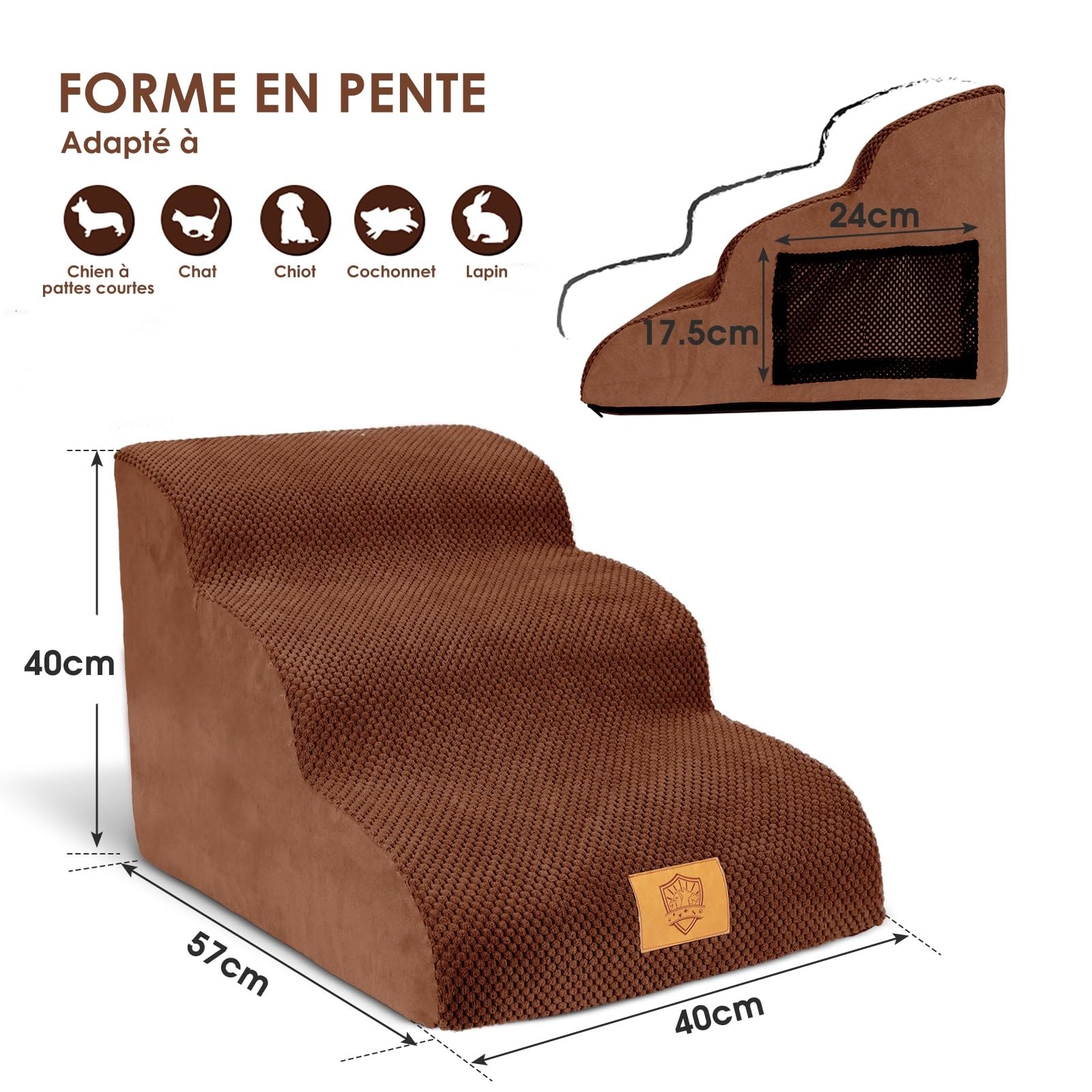 MASTERTOP Scale per Cani a 3 Gradini in Spugna, Scala Antiscivolo per Animali Domestici, Scaletta Inclinate Ccuccioli per Divano Letto con Fodera Rimovibile e Lavabile (Marrone)