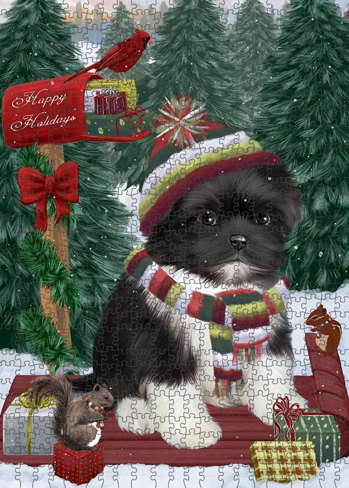 Merry Christmas Woodland Sled Shih Tzu Dog Jigsaw Puzzle for Adults - Animal Printed Interlocking Puzzle Game Artwork - Gift for Dog Lover's -1000 Pcs 29.5"x19.7", PZLE61054