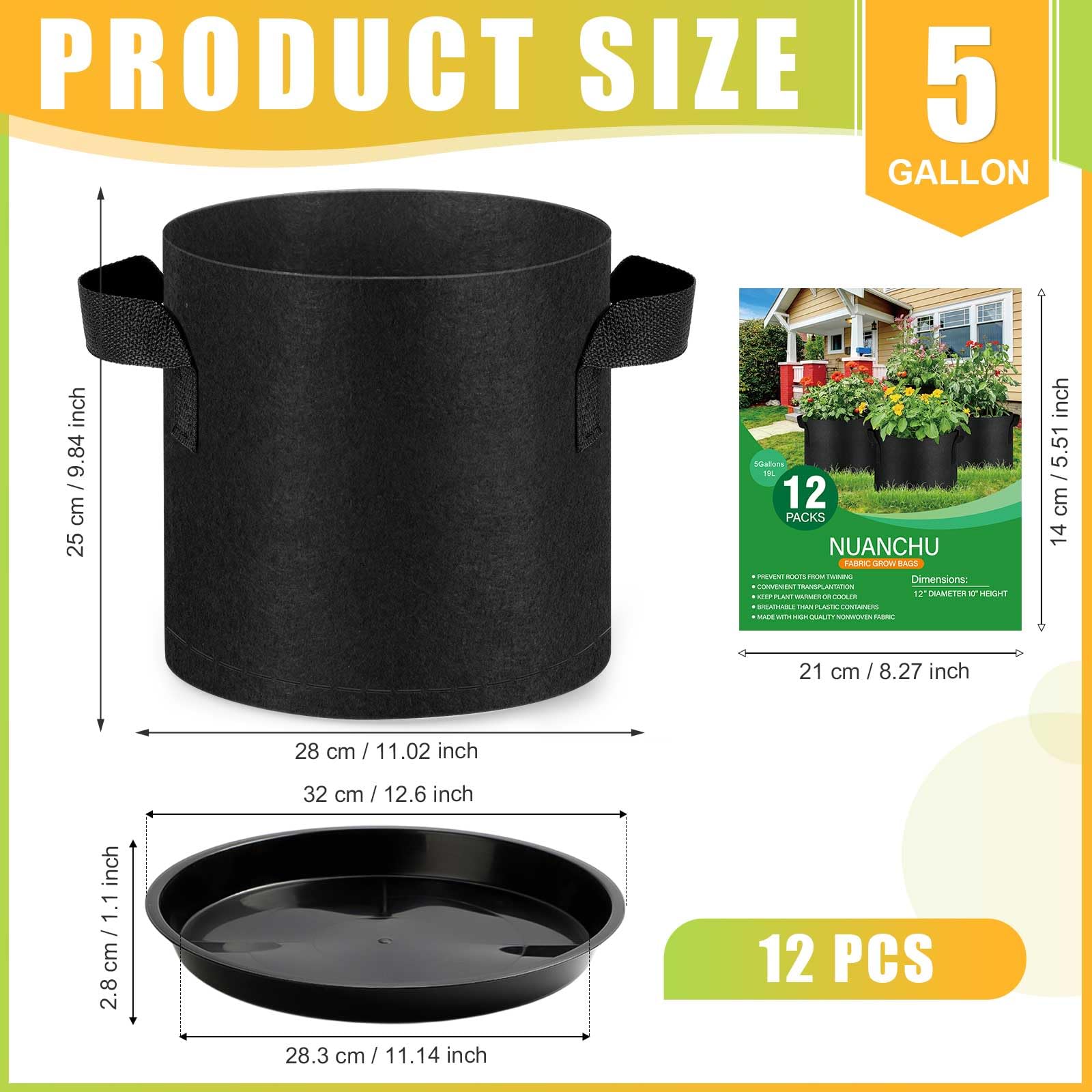 Funnymoom 12 juegos de bolsas de cultivo de 5 galones con platillos para plantas, macetas de tela duradera con asas, bolsas de drenaje de aireación para maceta, bolsas de jardín reutilizables, juego