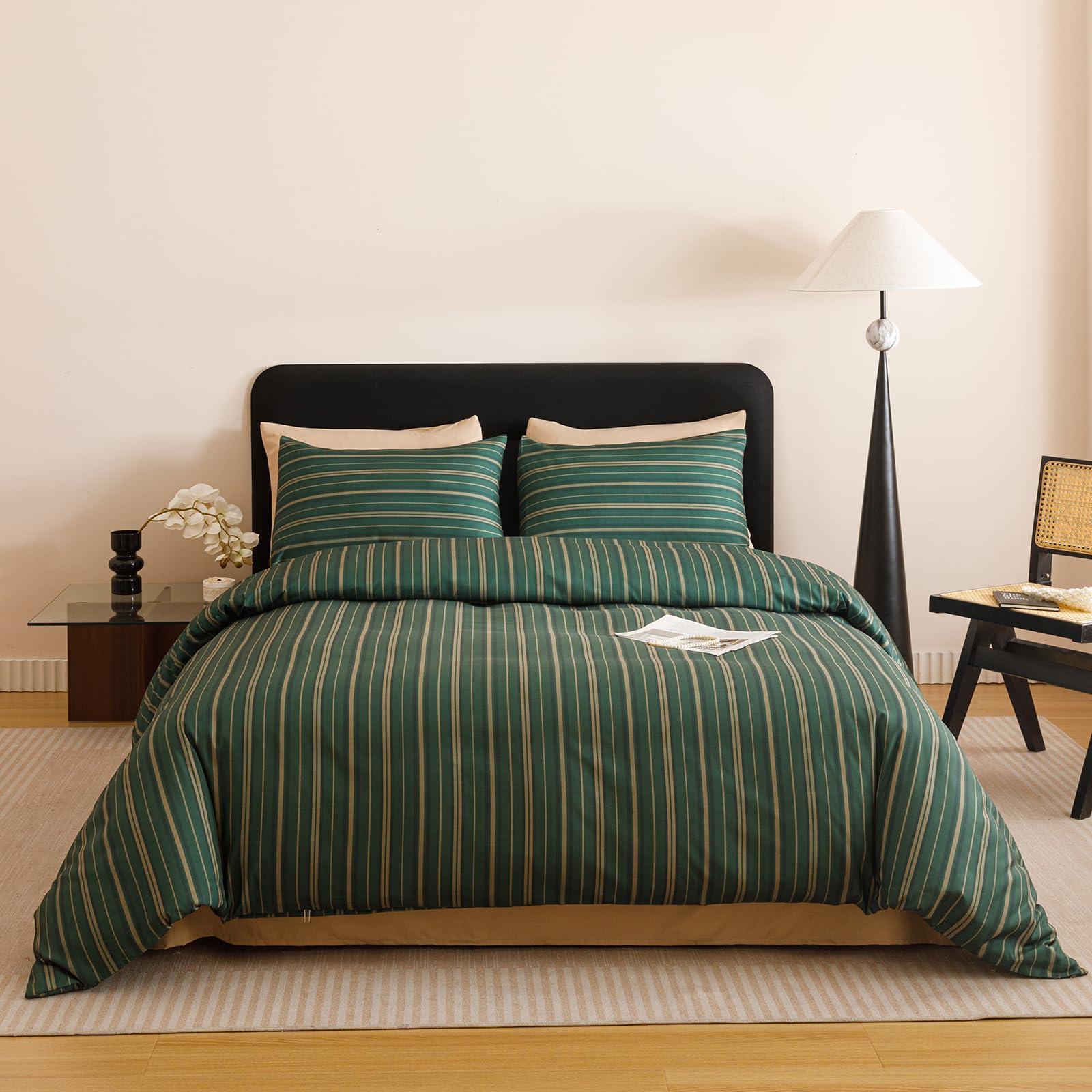 KAREVER Green Stripes Comforter King Vertical Ticking Striped Dark Green Bedding Set Durable Chic and Stylish Bedroom Set