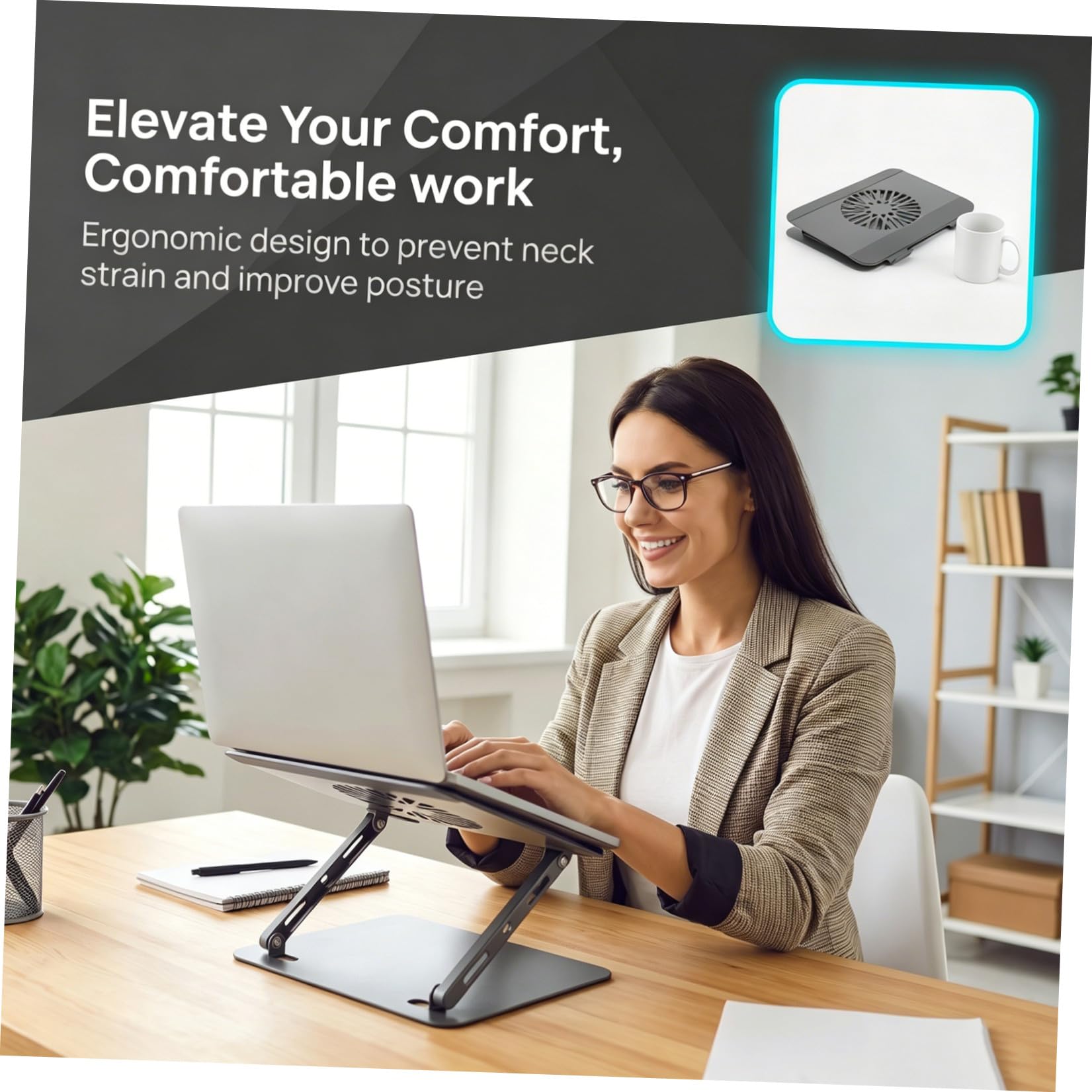 TEHAUX Supporto per Laptop e Tablet con Ventola di Raffreddamento Pieghevole in Acciaio al Carbonio per Ufficio e Scrivania Multidevice Ergonomico