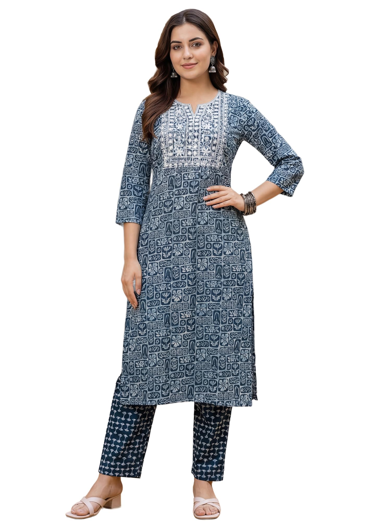 indo era Women's Pure Cotton Floral Embroidered Thread Work Kurta & Pant Set (IEAI11621)-picture-35