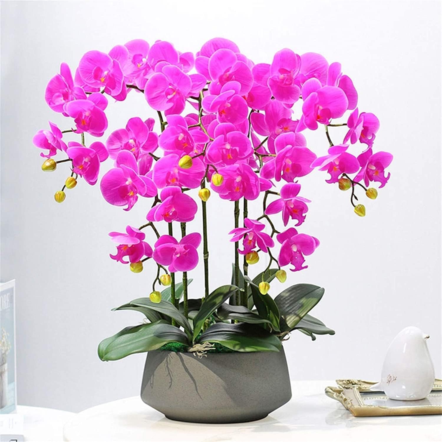 Orquídea Artificial Flores Phalaenopsis Artificiales de 60 cm con Jarrón de Cerámica Decoración Elegante de Orquídeas Falsas en Maceta Flor Artificial, Rosa Roja