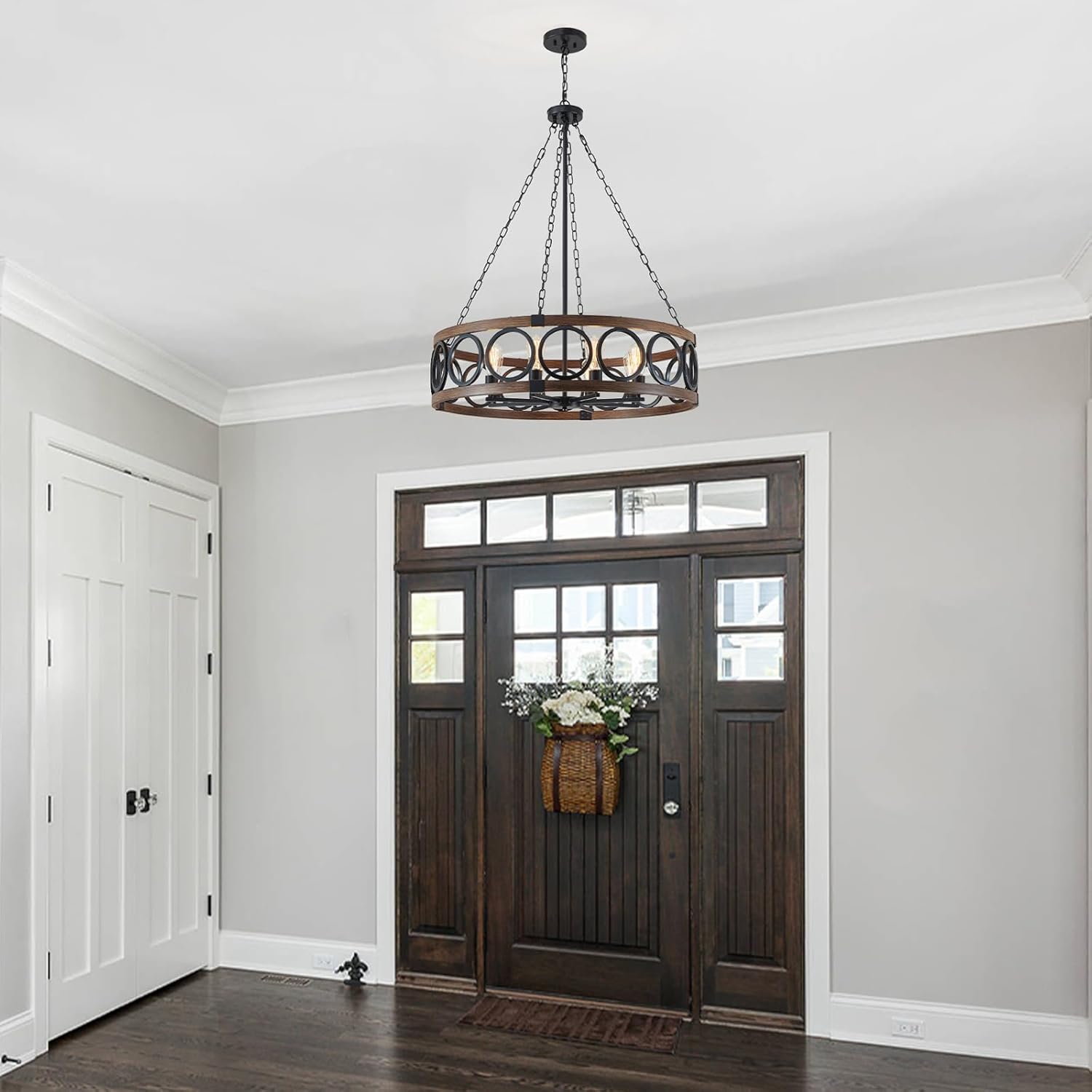 XINGQI 32.3" Large Drum Chandelier Farmhouse Black 8 Light Modern Rustic Pendant Lighting Fixture for Living Room Dining Room Kitchen Island Bar Office