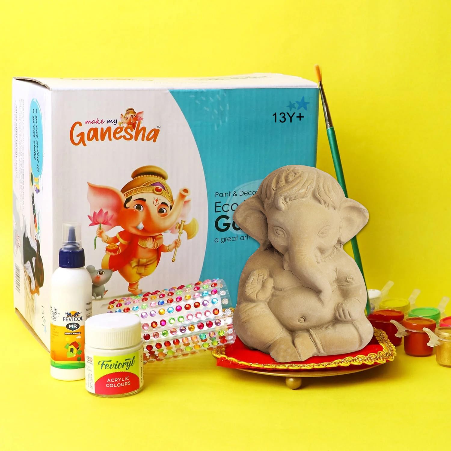 SATVIK Make My Ganesha Kit fai da te per dipingere e decorare fai da te ecologico Lord Ganesha Idolo per Visarjan, statua di Ganpati solubile in acqua in terracotta idolo di Ganesh Chaturthi, idolo