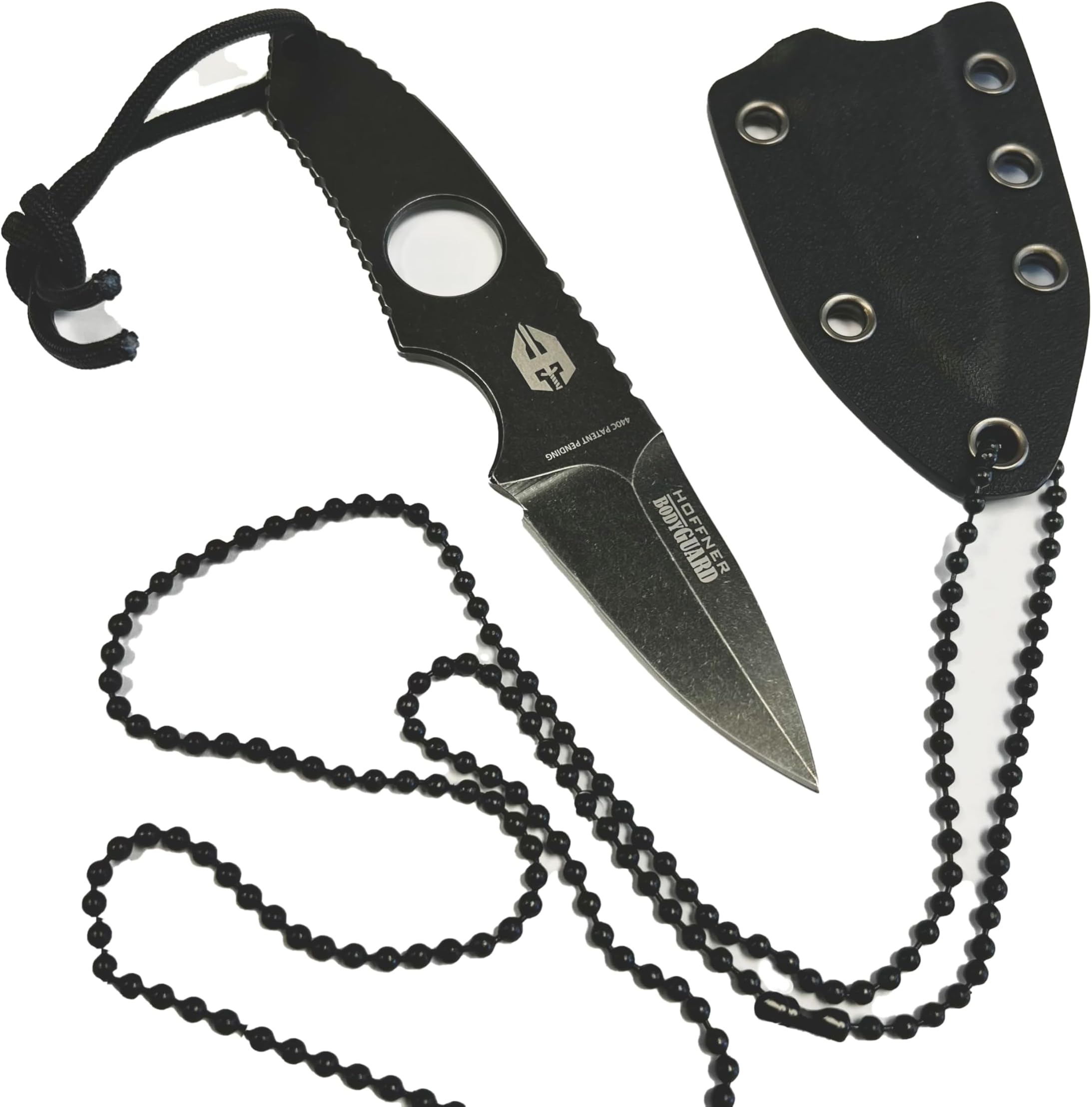 HOFFNER Bodyguard EDC, Minimalist Spear Point Outdoor Survival Fixed Blade Knife: Full Tang Stonewashed Black Blade and Handle, "Click-Lock" Retention, Kydex Sheath with Neck Chain