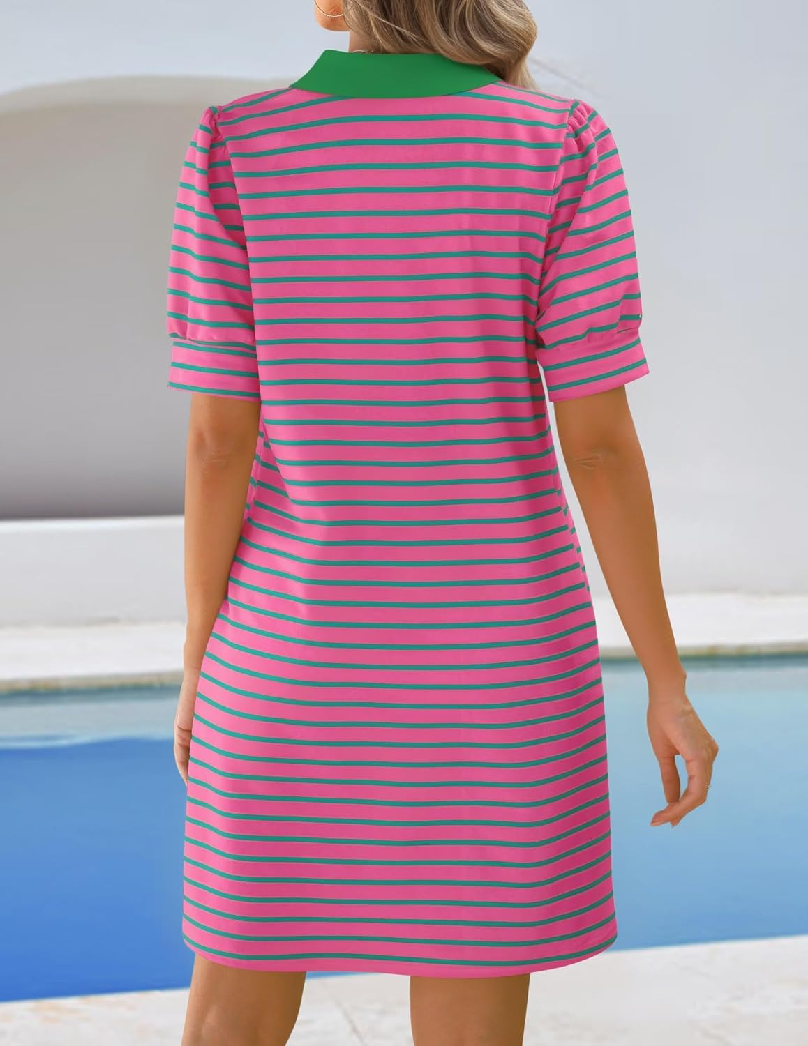 ZESICA Womens Summer Striped T Shirt Mini Dresses 2026 Casual Lapel V Neck Short Sleeve Flowy A Line Beach Vacation Dress