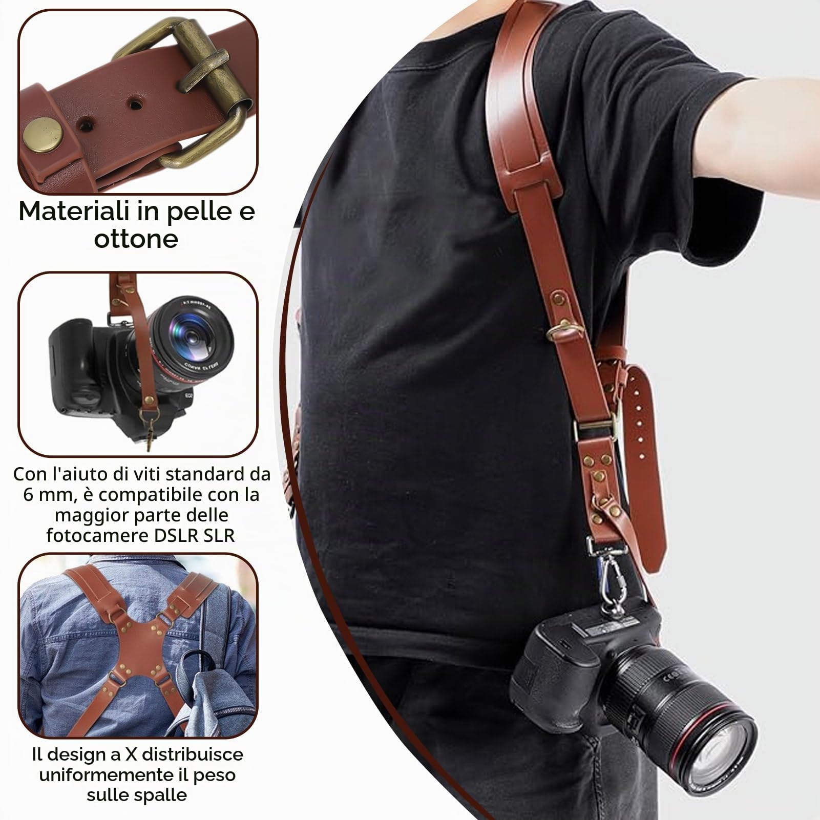 Tracolla Macchina Fotografica, Imbracatura Vintage Doppia Spalla per DSLR SLR, Imbracatura per Fotocamera Doppia in Pelle di Regolabile, Tracolla doppia fotocamera per fotografi di tutti i livelli