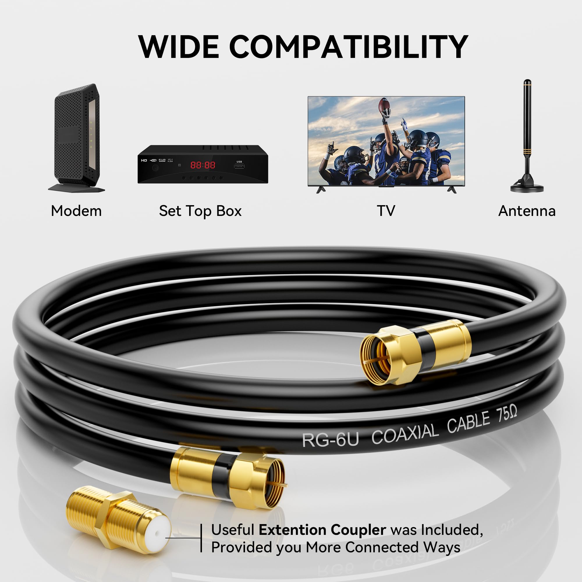 Nixsto Cavo coassiale RG6, 0,9 m, 1,8 m, 3 m, 4,5 m, 6,5 m, 15 m, 30,5 m, 30,5 m, cavo coassiale con connettore F dorato, per Internet ad alta velocità, antenna TV digitale per HDTV, satellite