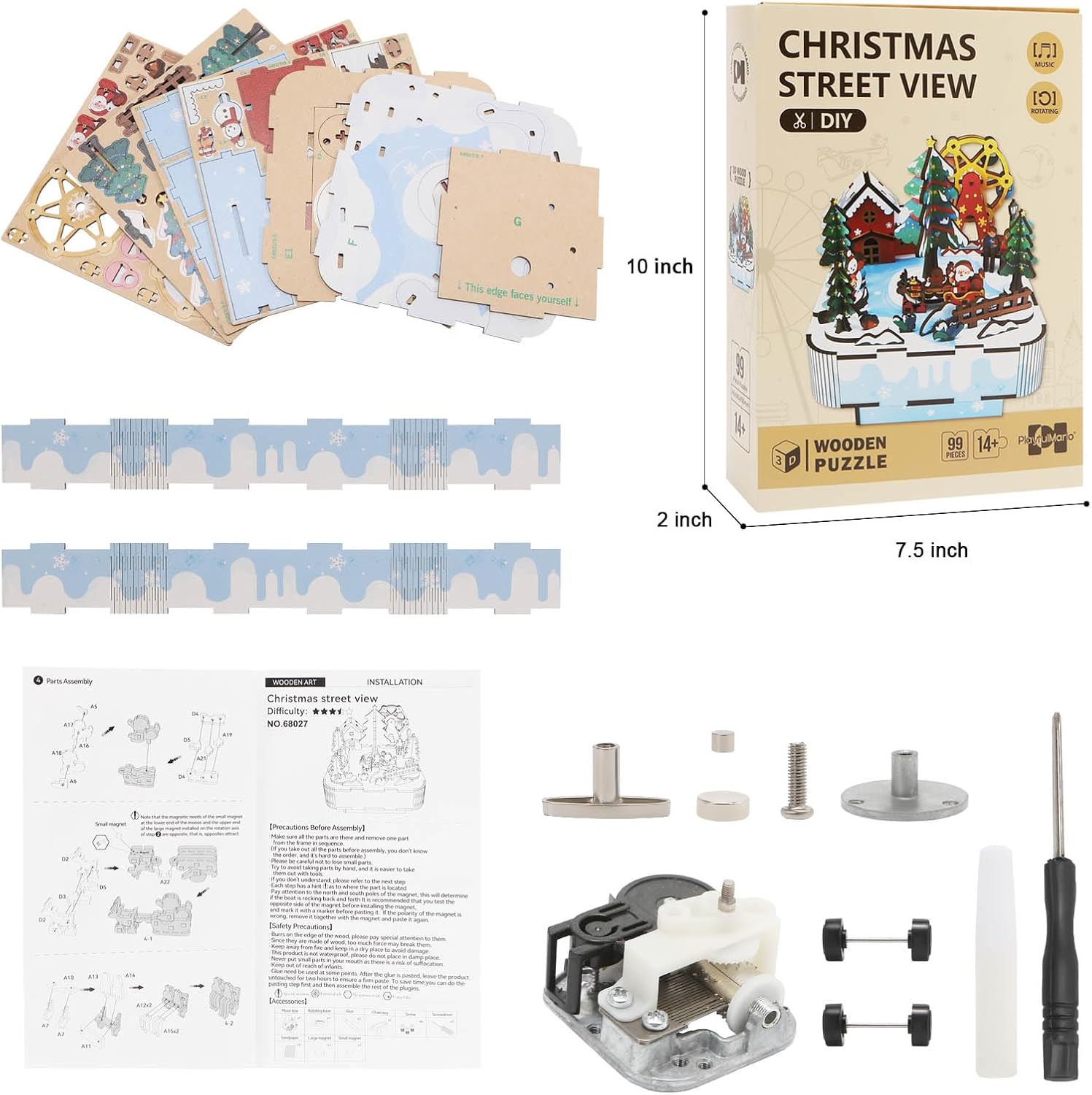Wooden Music Box Puzzle – DIY Christmas Street View Rotating Music Box Kit, 3D Creative Musical Puzzle Craft Model, Holiday Desk Decor, for Adults, Birthday & Christmas