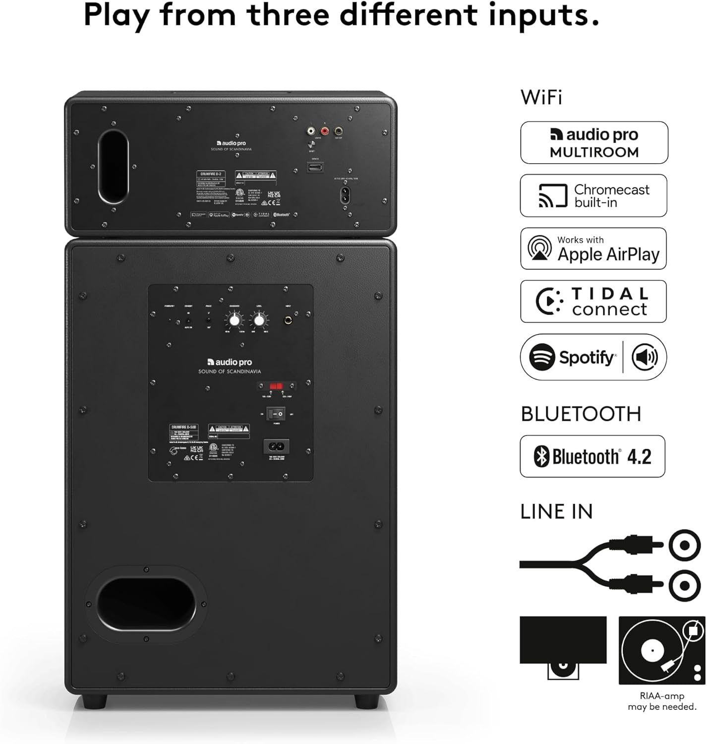 Audio Pro DRUMFIRE MKII Wireless Speaker | High Fidelity, Multiroom Bluetooth Speaker w/RCA & WiFi Input (2.4 & 5GHz) | Built-in Chromecast, AirPlay2 & Spotify Connect Compatible | Black