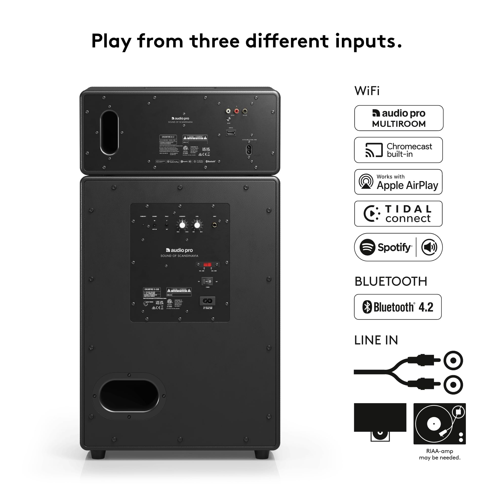 Audio Pro Potente Cassa Wireless Bluetooth e Wifi Multiroom - Grande Speaker Portatile con AirPlay2, Google Cast, Spotify Connect e HiFi - 6 Pulsanti Predefiniti - Volume Alto Drumfire II - Nero