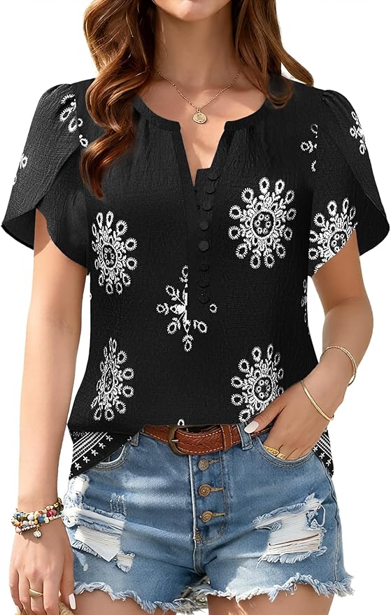 GUNEST Boho Short Sleeve Blouses for Women Summer Casual V Neck Vac...