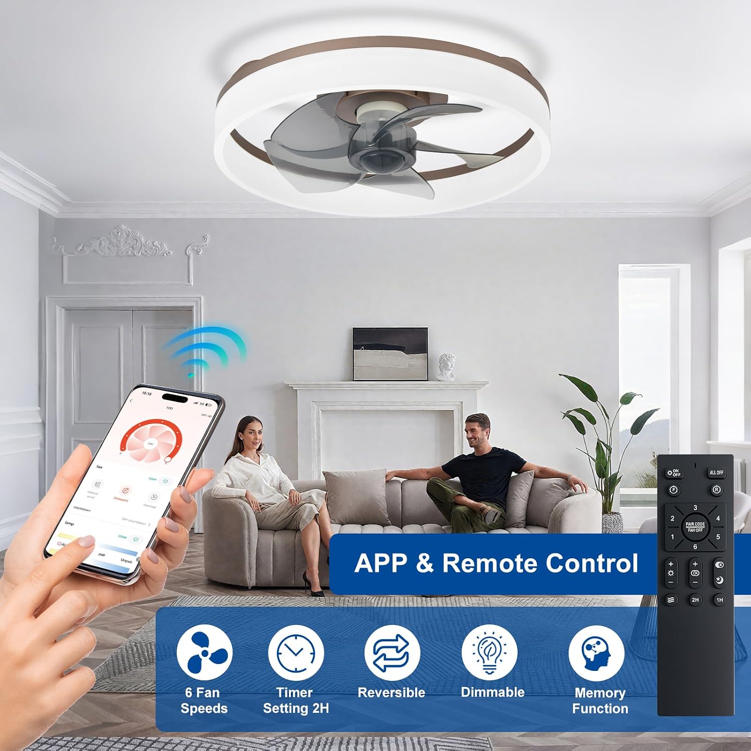 DLLT LED Ceiling Fan with Light: 16" Modern Low Profile Flush Mount Fandelier with App & Remote Control - Dimmable Brown Bladeless Fan Light Fixture for Bedroom Kids Room Living Room