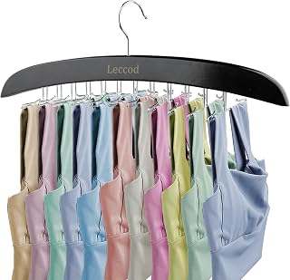 Upgrade Tank Top Hanger, Bra Hangers Space Saving Wooden 360° Rotating Non-Slip 24 Foldable Metal Hooks Closet Organizer for Camisoles, Bras, Belts, Scarfs(Black,1 Pack)