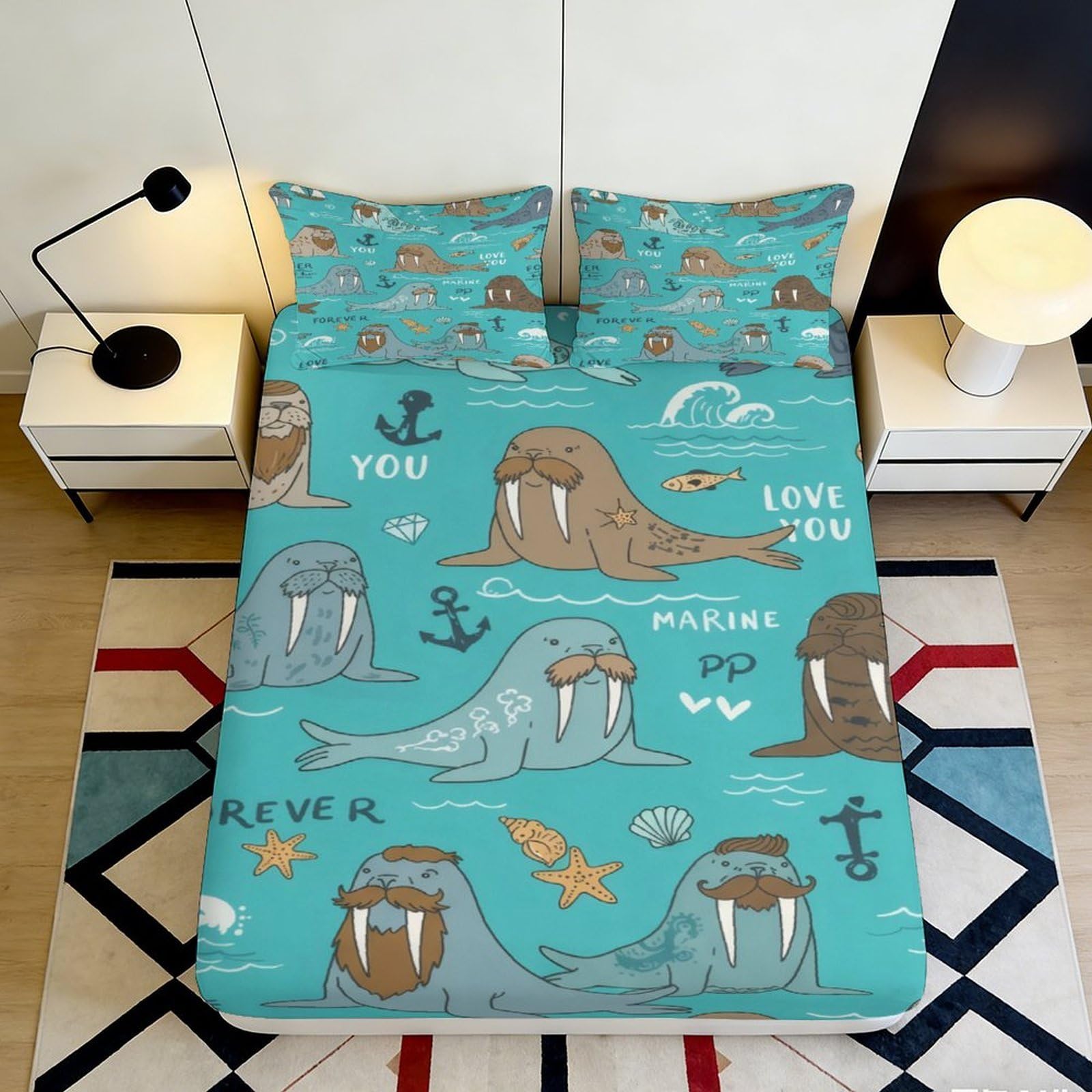 3D Printed Walrus Pattern Fitted Sheet Microfiber Soft Durable Marine Style Bed Cover for Bedroom Dormitory Guest Room Mattress Protection Decor 160x200x25cm