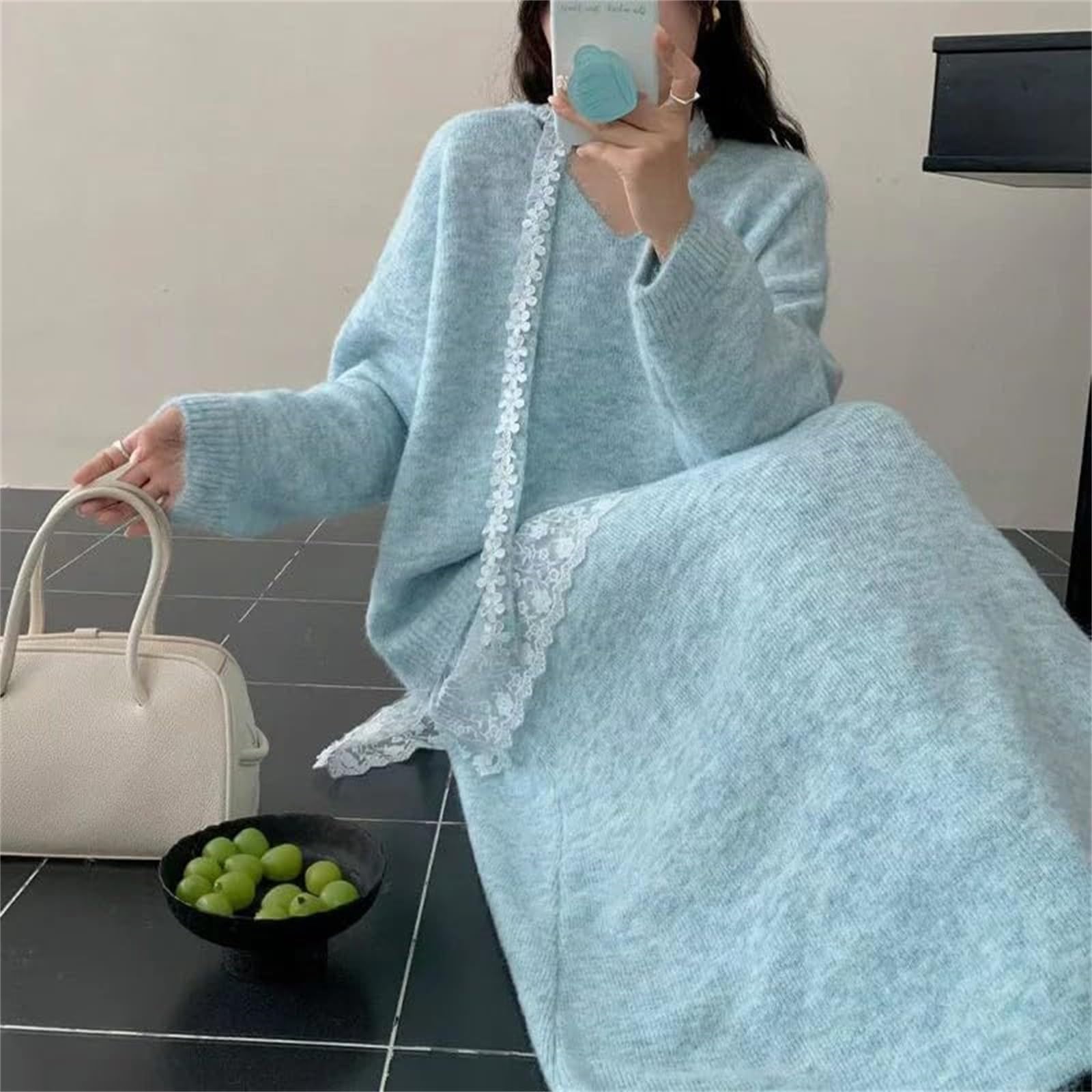 Elegante conjunto de suéter de punto y falda larga para temporada otoño invierno atuendo informal femenino