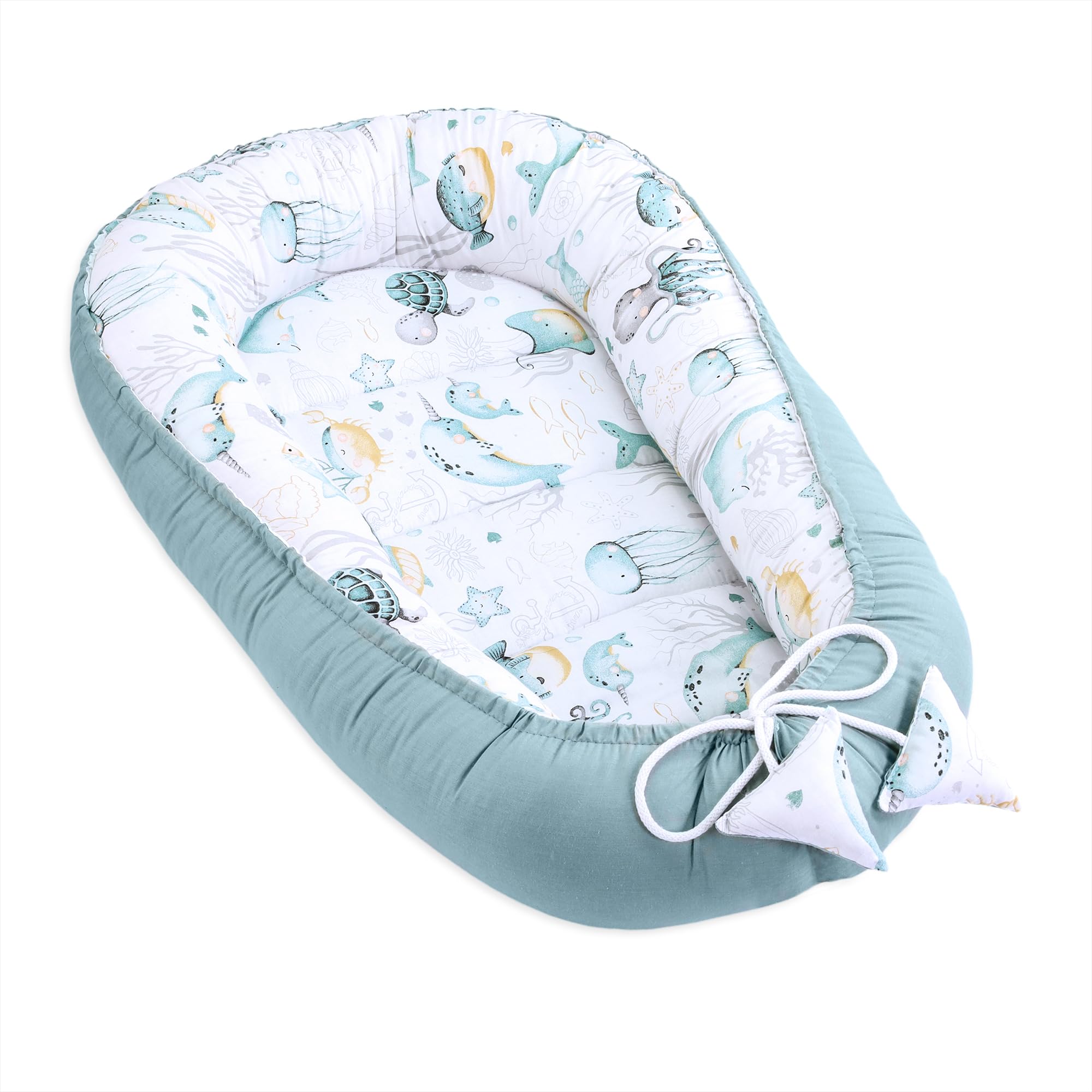 Babynest babynestchen neugeborene 90 x 50 cm baby nestchen tragbar nest für bett kinder kuschelnest coccon für Jungen und Mädchen Wassertiere Salbeifarbe
