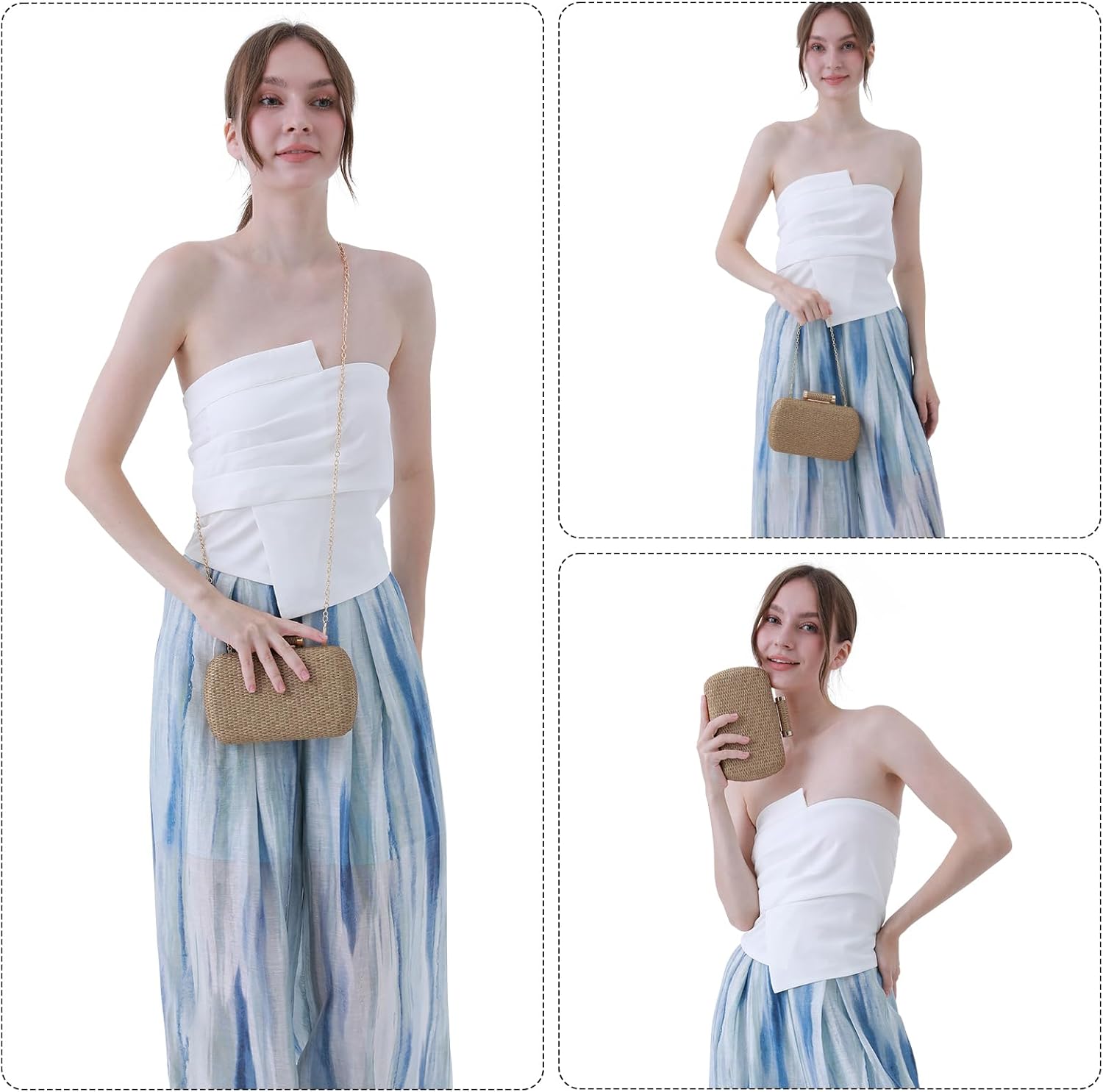 Straw Clutch Purse for Women, Hand-Woven Wicker Evening Handbag, Raffia Party Wedding Beach Bag for Summer