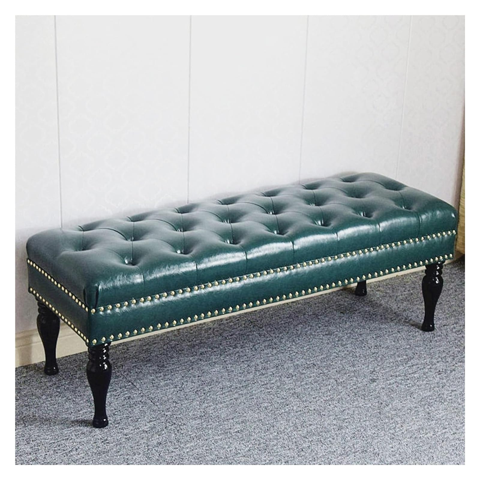Tabouret ottoman rectangulaire en cuir capitonné vert de luxe