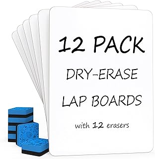 Set of 12 Small White Board Dry Erase Boards Classroom Pack Mini White Boards 9"x12” Double Sided Personal Whiteboards for Students Teachers School Supplies Lapboards l 12 Mini Whiteboard Erasers Incl